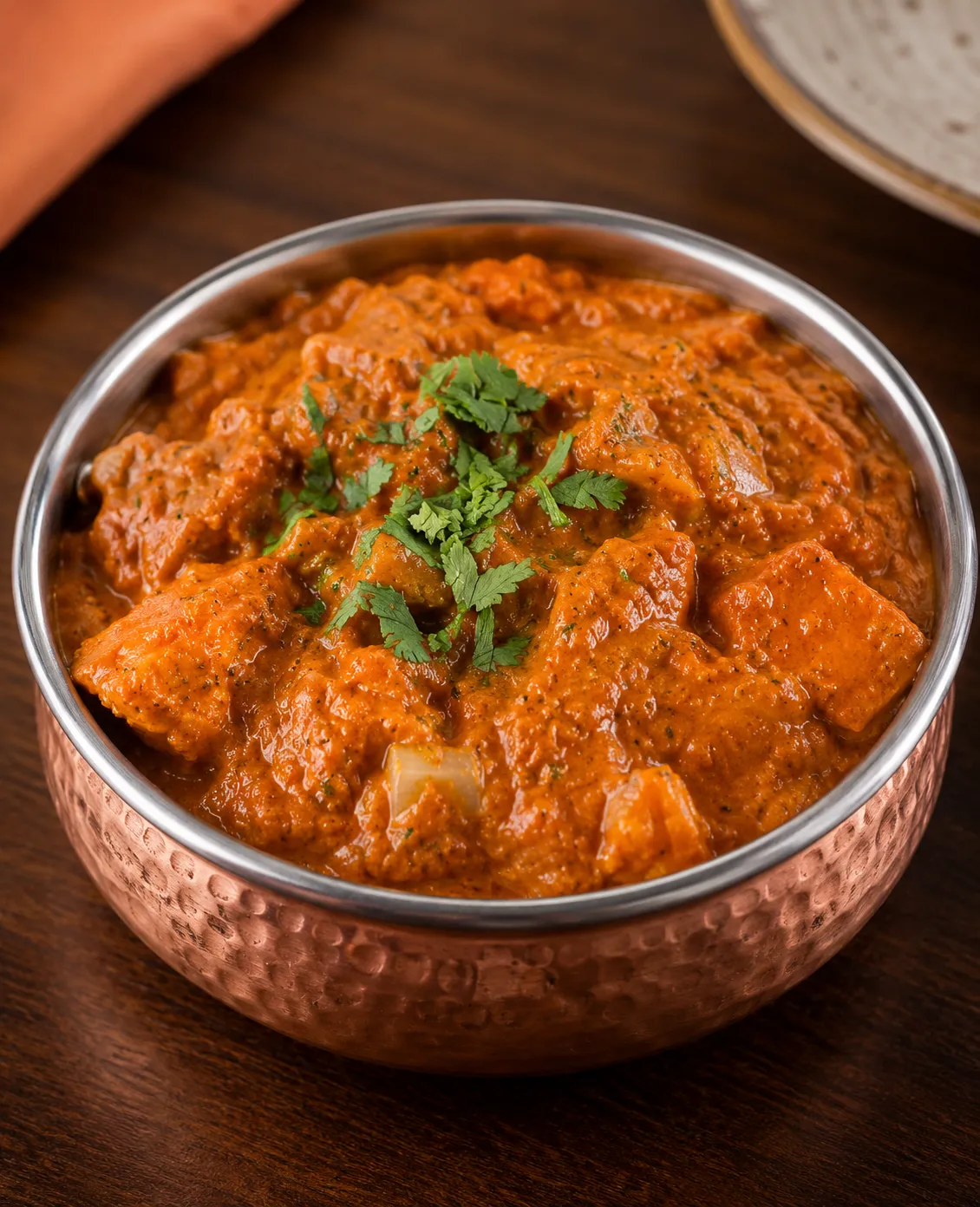 Butter chicken in creamy tomato sauce with fresh naan at Tamarind East Indian Restaurant Calgary