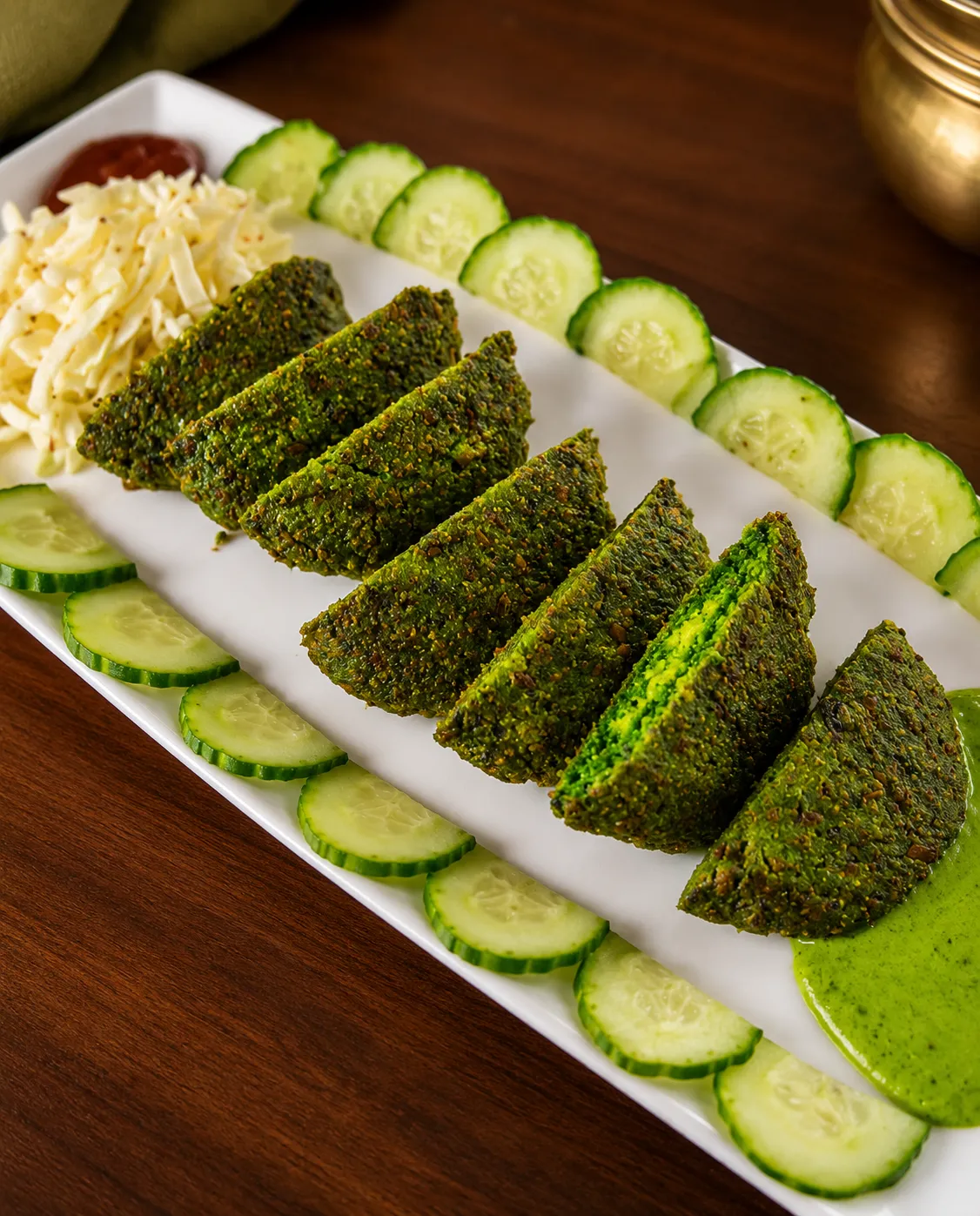 Spinach tikki platter with mint chutney at Tamarind East Indian Restaurant Calgary
